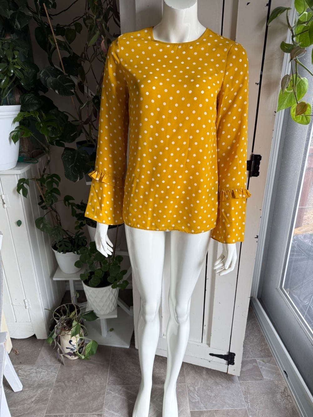 Suzy Shier Polka Dot Ruffle Cuff Blouse - Mustard Yellow NWOT